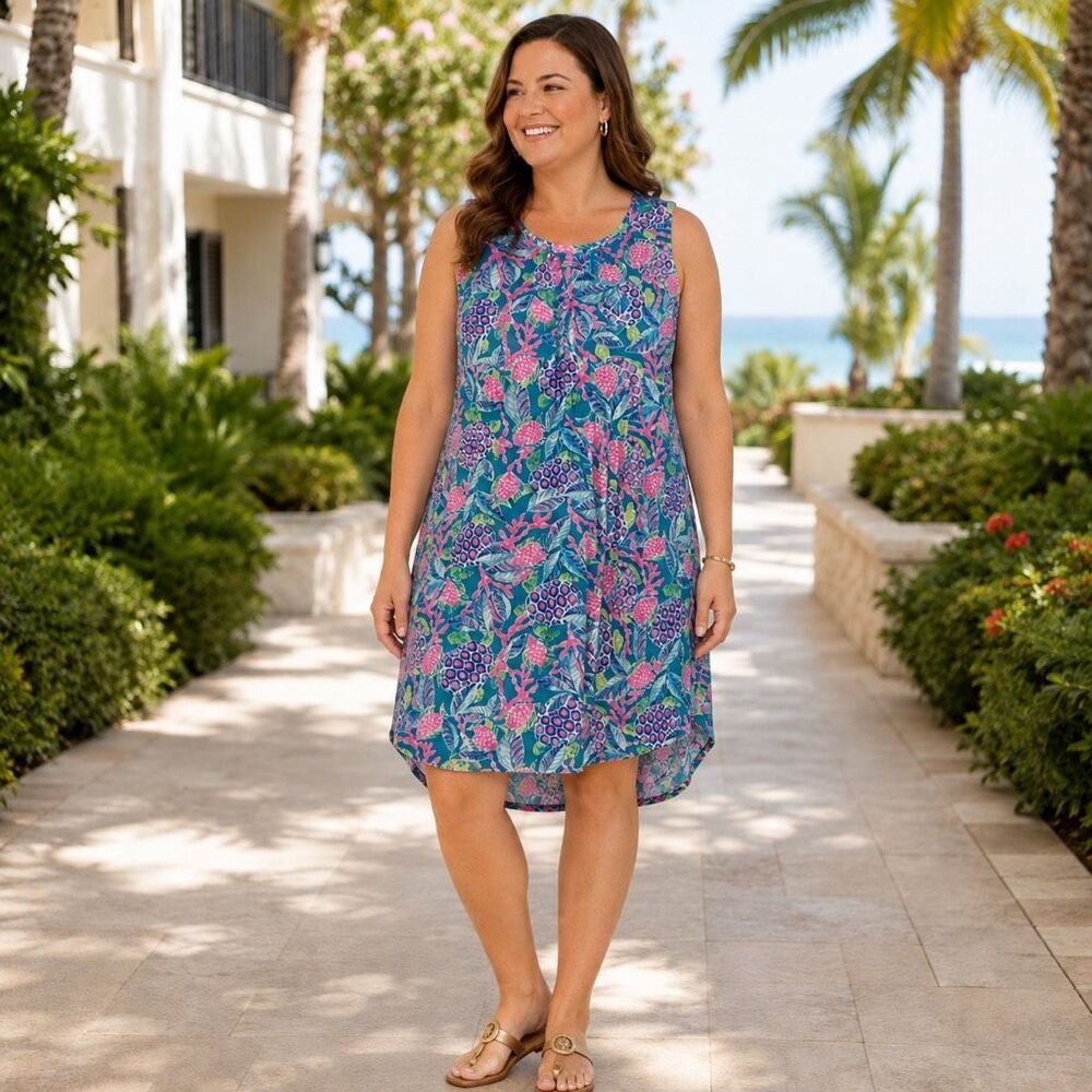 Lilly Pulitzer XL Pima Cotton Pineapple Tropical Sleeveless Dress Pink Blue